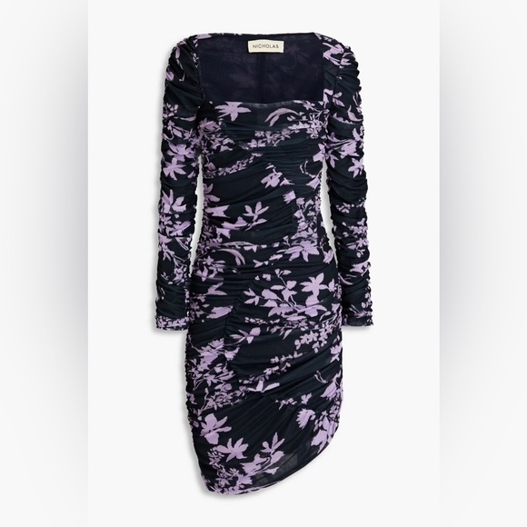 Nicholas Maleah Floral Ruched Purple Dress - Picture 1 of 6